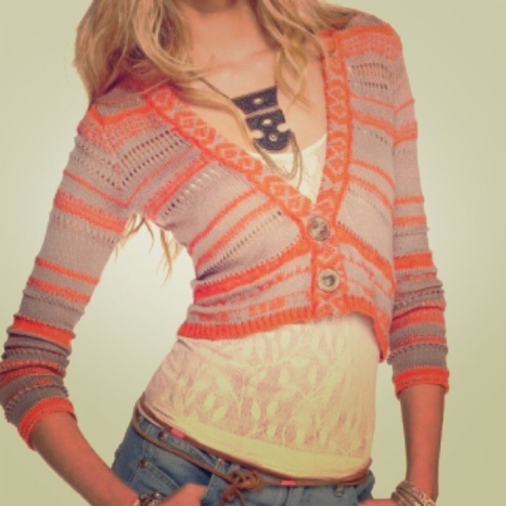 Free People Cropped V-Neckline Orange/Tan Cardigan